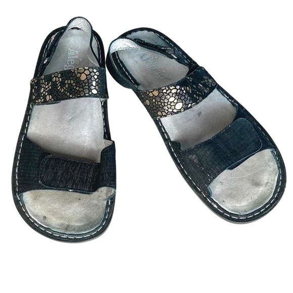 Algeria Verona-780 Black Metallic Two Strap w/Sling Back Leather Comfort Sandals - Picture 1 of 16